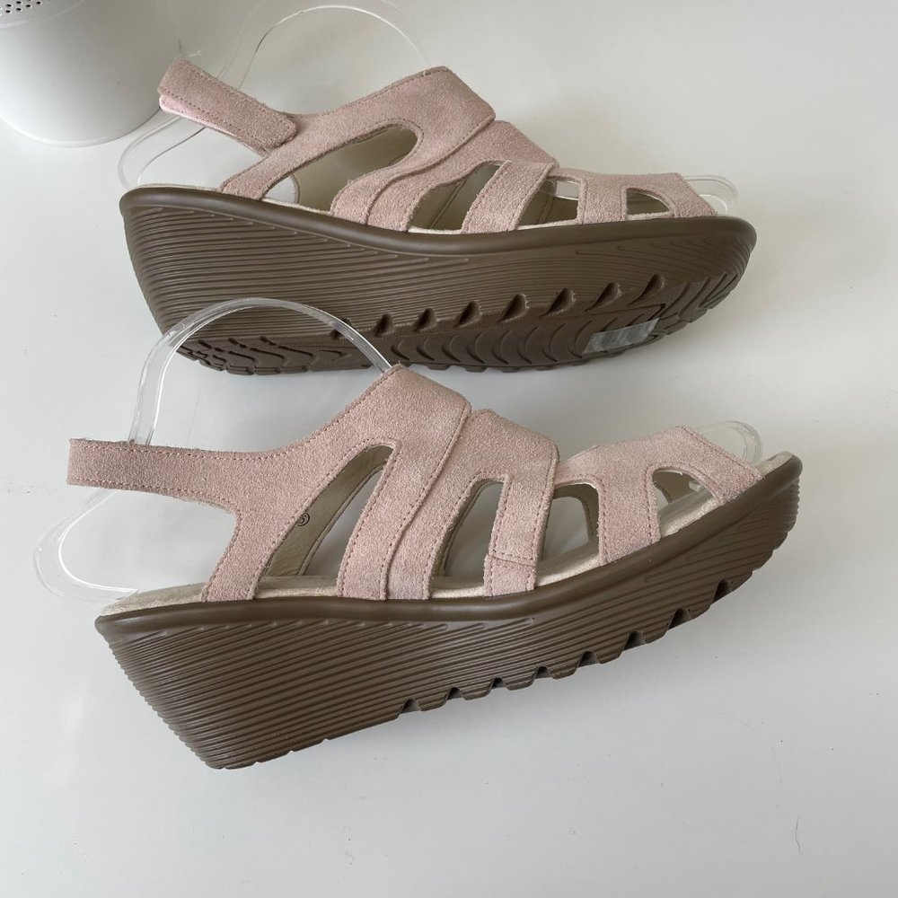 Skechers Suede Peep Toe Blush Pink Sling Back Sandal Wedges Memory Foam - Picture 10 of 14